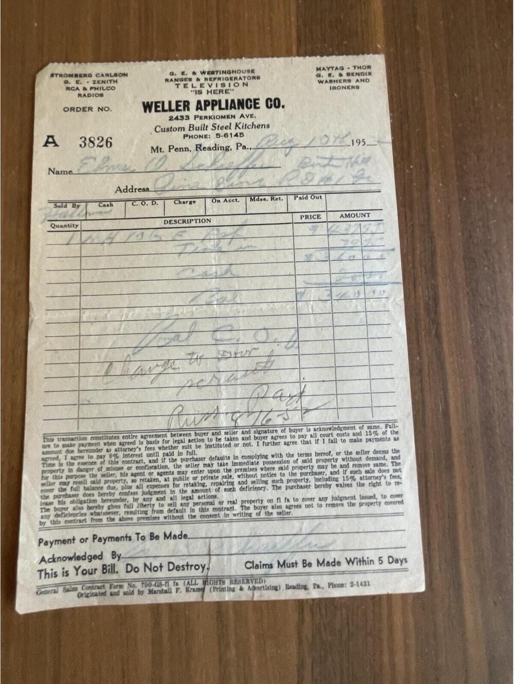 Weller Appliance Receipt Invoice Reading Pennsylvannia 1952?